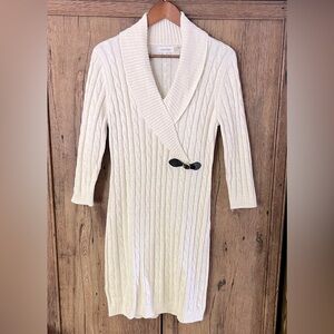 Calvin Klein Shawl Collar Sweater Dress Medium White Cable Knit Sheath Buckle